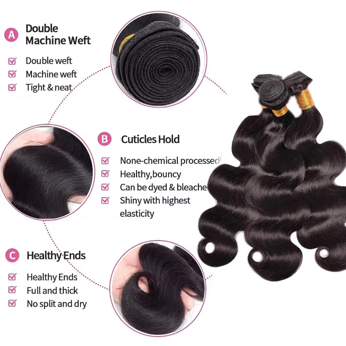 Human Hair Bundles 14 14 16 16 Inch Body Wave Bundles Human Hair 100% Unprocessed Brazilian Virgin Body Wave 3 Bundles Human Hair Extensions for Black Women Natural Black