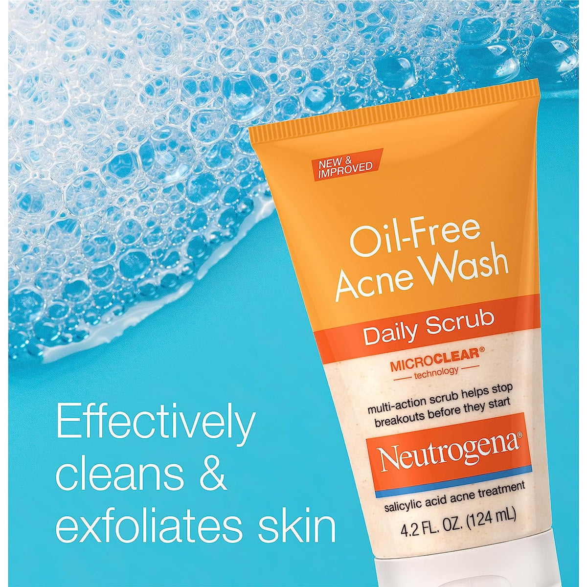 Neutrogena Oil-Free Acne Face Wash with 2% Salicylic Acid, Daily Exfoliating Scrub & Acne Treatment for Oily, Acne-Prone Skin, Clears Breakouts & Blackheads, 4.2 Fl. Oz
