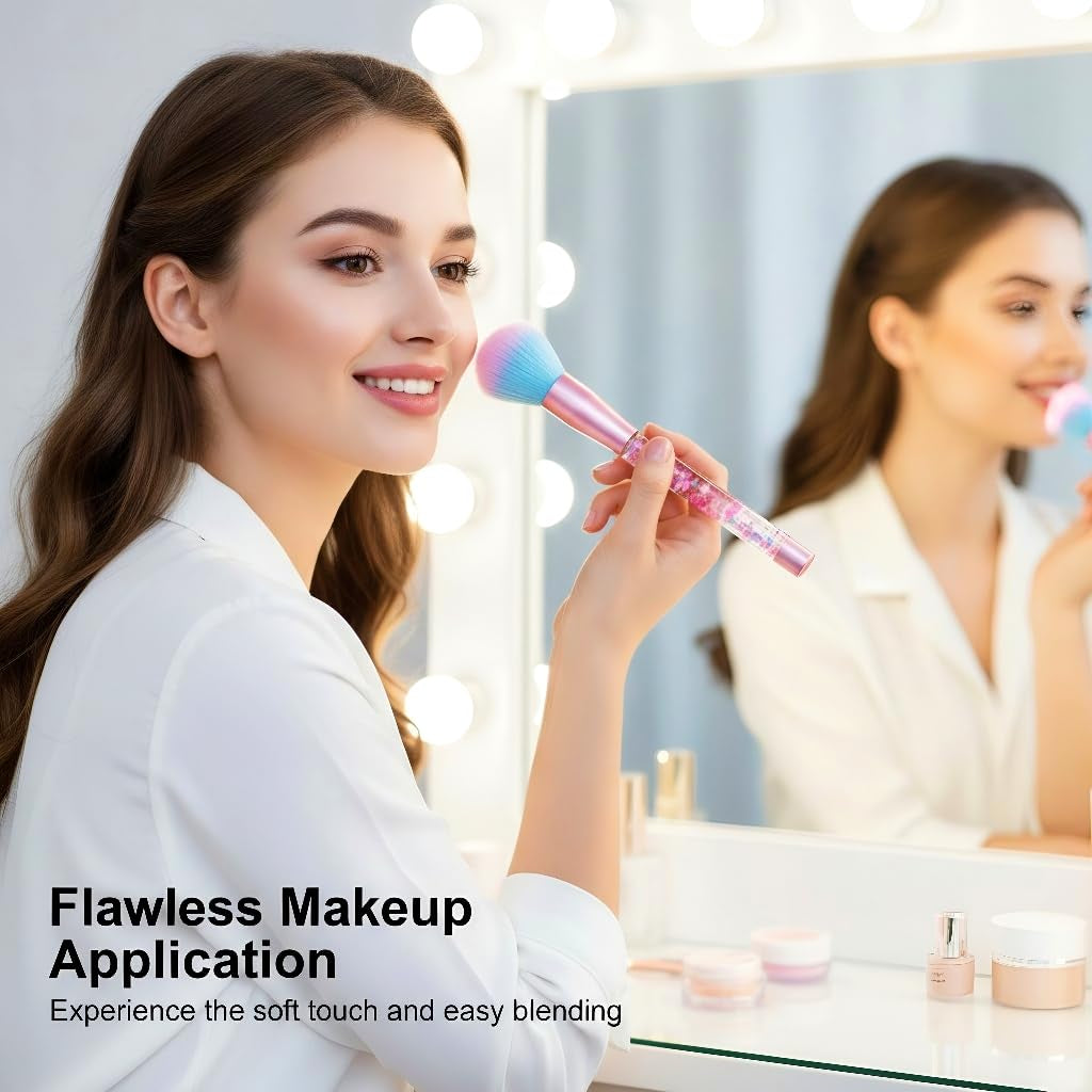Unicorn Fan Makeup Brush Set,Crystal Sparkles Blue Blush Powder Fan Lip Eye Shadow Eyebrow Eye Blender Brush in Set